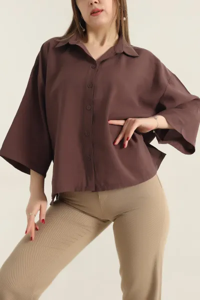 Kahverengi Kısa Kol Tencel Oversize Bayan Gömlek 337589