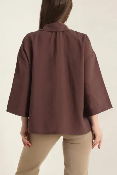Kahverengi Kısa Kol Tencel Oversize Bayan Gömlek 337589