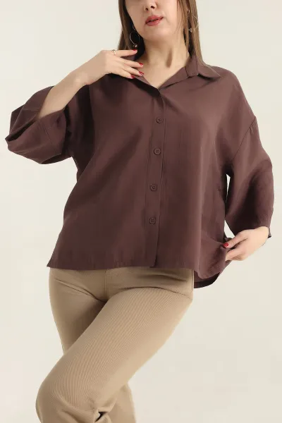 kahverengi-kisa-kol-tencel-oversize-bayan-gomlek-337589