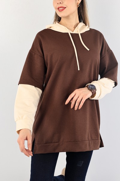 Kahverengi Kolları Eklemeli Kapüşonlu Sweat Tunik 88780