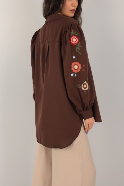 Kahverengi Kolları Nakışlı Poplin Gömlek 158428