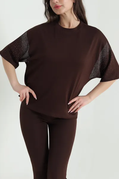 Kahverengi Kolları Taşlı Oysho Kadın Bluz 457018