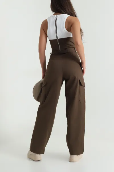 Kahverengi Korsaj Bluz Kargo Pantolon Likra Gabardin Kadın İkili Takım 480621