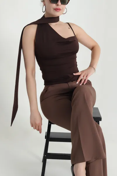 Kahverengi Kravatlı Sandy Kadın Bluz 477879