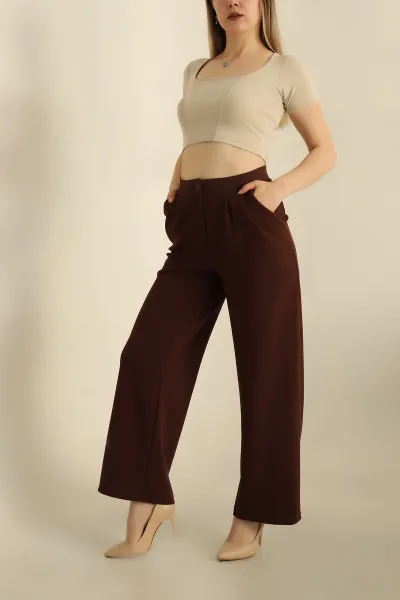 Kahverengi Krep Kumaş Bayan Pantolon 269747