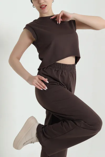 Kahverengi Kristal Bel Lastikli Kadın İkili Takım 445803