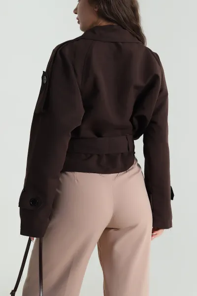 Kahverengi Kruvaze Yaka Crep Kadın Trençkot 484798