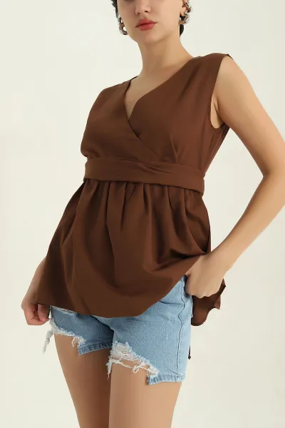 Kahverengi Kruvaze Yaka Poplin Bluz 364945