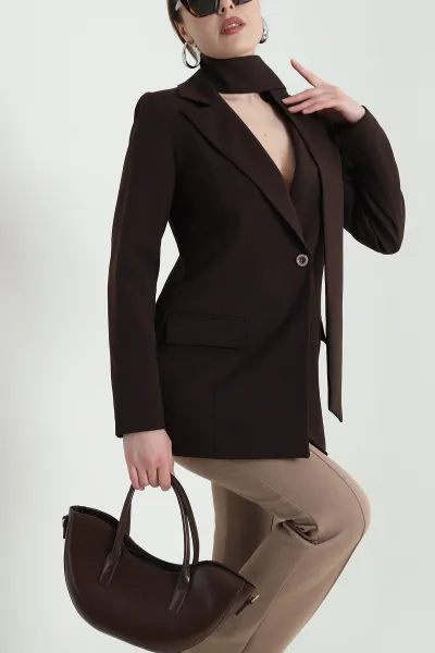 Kahverengi Kuşaklı Dabıl Blazer Kadın Ceket 447479