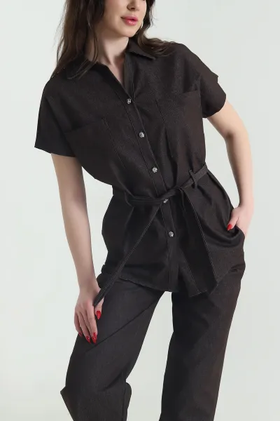 Kahverengi Kuşaklı Likralı Tensel Kot Kadın İkili Takım 443107