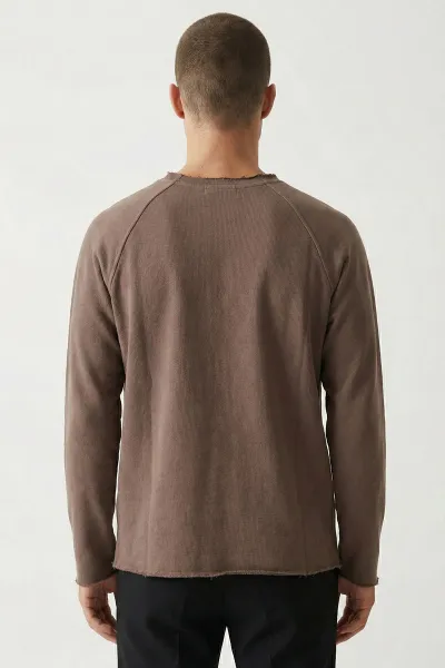 Kahverengi Lazer Kesim Nakışlı Erkek Sweatshirt 422034