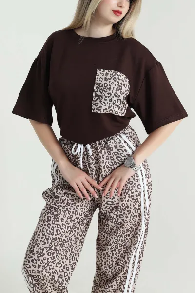 Kahverengi Leopar Desenli Oysho Kadın İkili Takım 466169