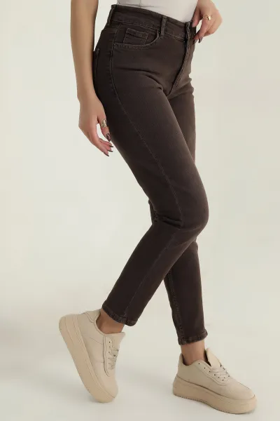 Kahverengi Likralı Boyfriend Mom Kadın Kot Pantolon 409551