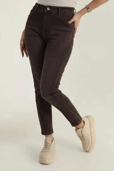 Kahverengi Likralı Boyfriend Mom Kadın Kot Pantolon 409551