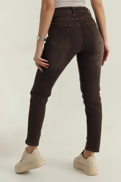 Kahverengi Likralı Boyfriend Mom Kadın Kot Pantolon 409551