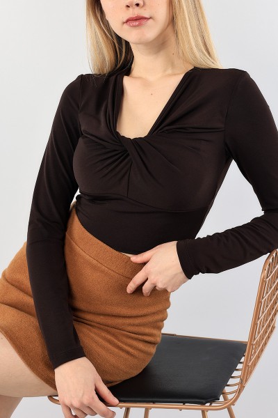 Kahverengi Likralı Crop Bluz 89486