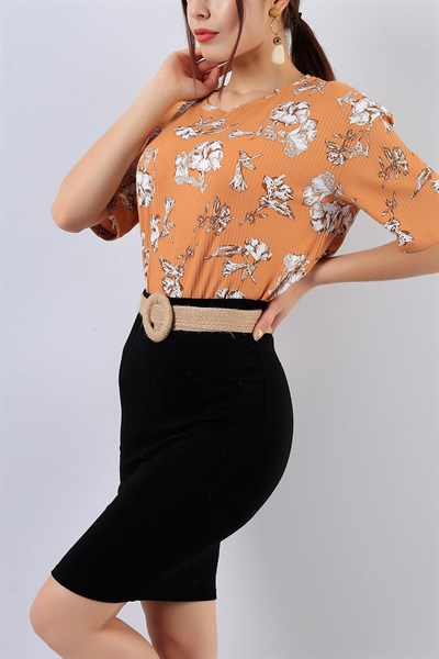 Kahverengi Likralı Desenli Bluz 15785B      