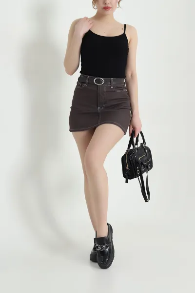 Kahverengi Likralı Kadın İnce Denim Kot Etek 438168