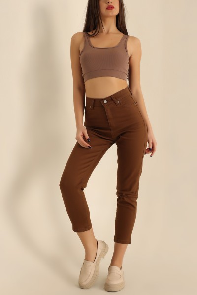 Kahverengi Likralı Mom Bayan Kot Pantolon 222985