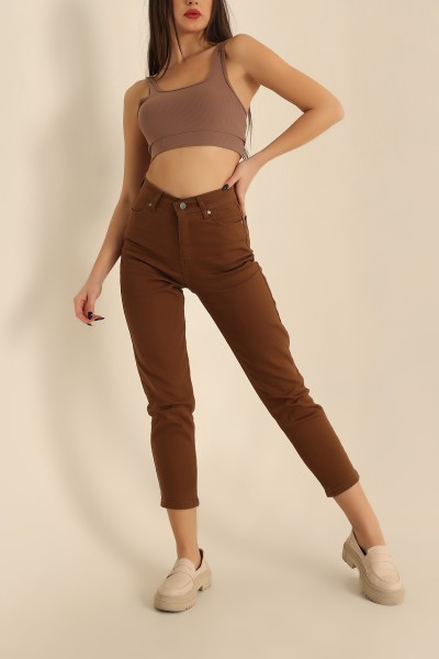 Kahverengi Likralı Mom Bayan Kot Pantolon 222985