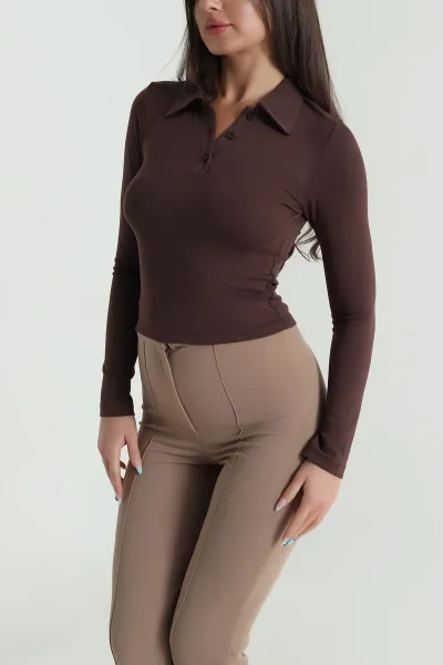 Kahverengi Likralı Polo Yaka Kadın Bluz 483155