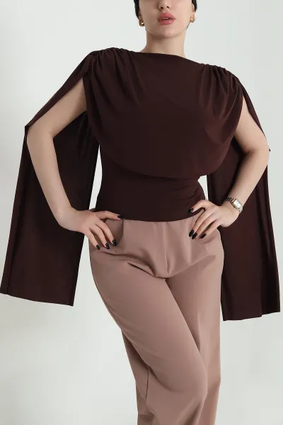 Kahverengi Likralı Sandy Kolsuz Kadın Bluz 453639