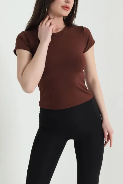 Kahverengi Likralı Scuba Kadın Bluz 454564