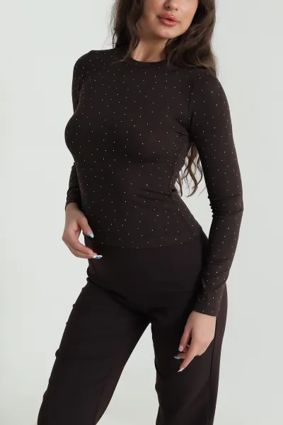 Kahverengi Likralı Taşlı Kadın Viskon Bluz 484267