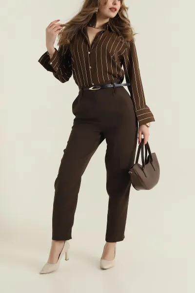 Kahverengi Linda Double Kemer Detaylı Kadın Pantolon 425661