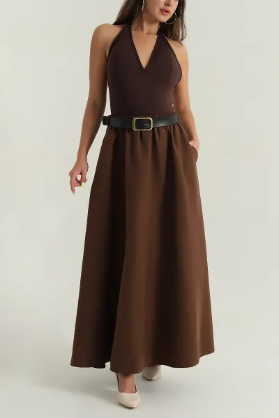 Kahverengi Liza Soft Kemerli Kadın Etek 393115