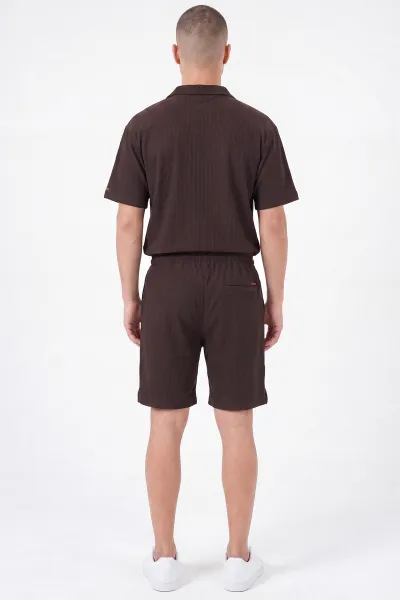 Kahverengi Look Kumaş Yarım Fermuarlı Erkek Şortlu Takım 467647