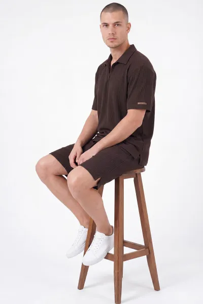 Kahverengi Look Kumaş Yarım Fermuarlı Erkek Şortlu Takım 467647