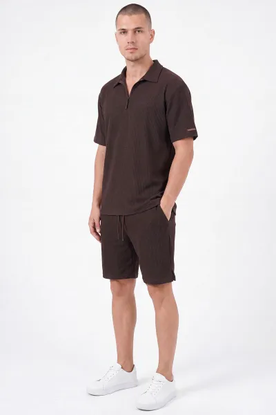 Kahverengi Look Kumaş Yarım Fermuarlı Erkek Şortlu Takım 467647