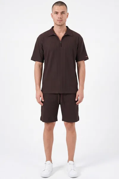 Kahverengi Look Kumaş Yarım Fermuarlı Erkek Şortlu Takım 467647