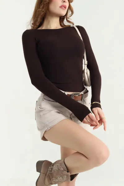 Kahverengi Kayık Yaka Modal Bluz 338391