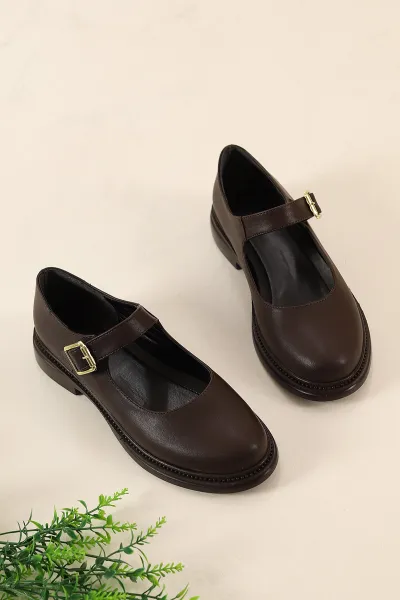 Kahverengi Mary Jane Kemer Detaylı Kadın Loafer Ayakkabı 337196