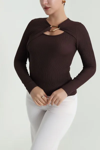 Kahverengi Meloni Tokalı Kadın Bluz 482860
