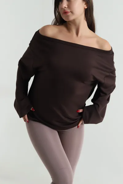 Kahverengi Modal Kayık Yaka Kadın Bluz 496212