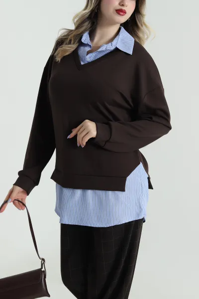 Kahverengi Modal Kumaş Poplin Garnili Sweat 495404