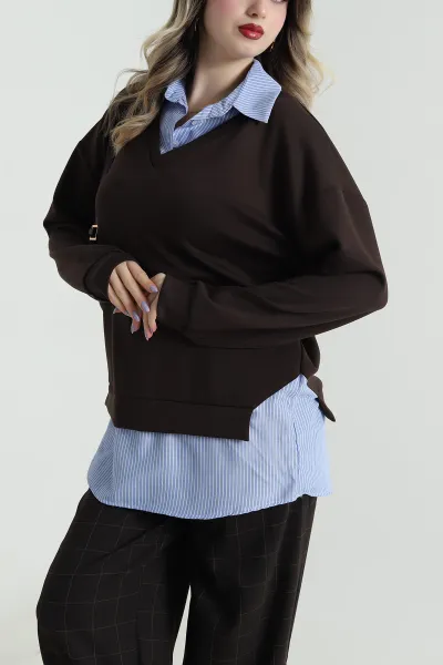 Kahverengi Modal Kumaş Poplin Garnili Sweat 495404