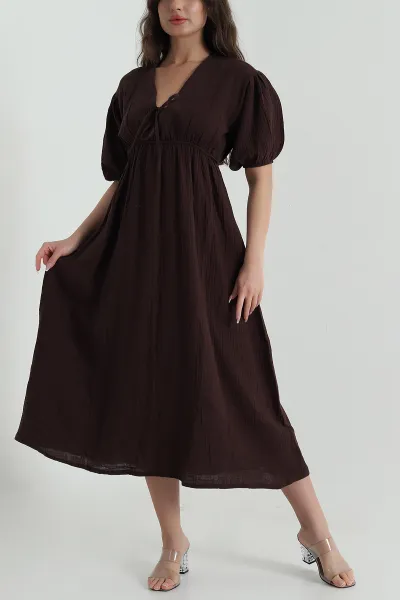 kahverengi-muslin-keten-balon-kol-kadin-elbise-459078