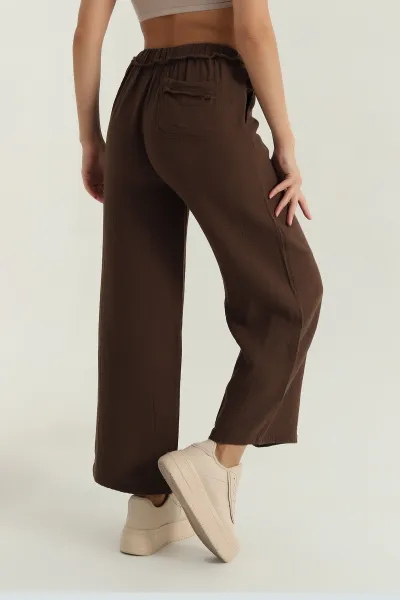 Kahverengi Müslin Keten Kadın Pantolon 381369
