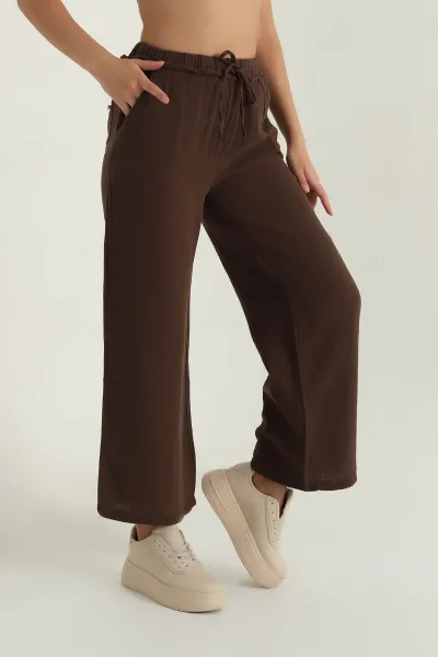 Kahverengi Müslin Keten Kadın Pantolon 381369