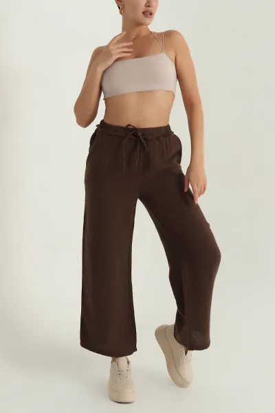 Kahverengi Müslin Keten Kadın Pantolon 381369
