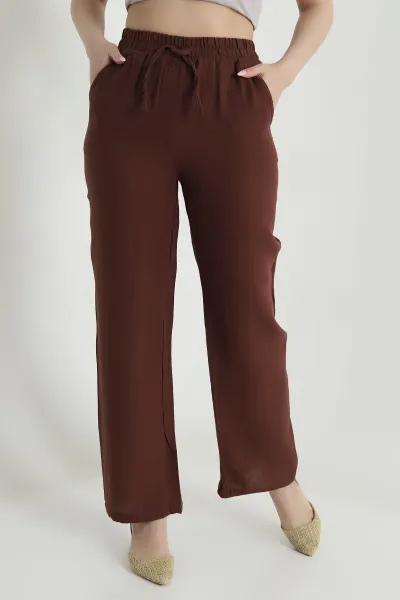 Kahverengi Müslin Keten Kadın Pantolon 462165