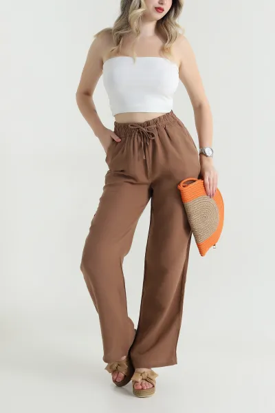 Kahverengi Müslin Keten Kadın Pantolon 467361