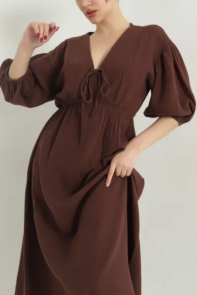 Kahverengi Müslin Kumaş Beli Lastikli Kadın Elbise 341846
