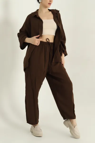 kahverengi-muslin-kumas-gomlek-pantolon-ikili-takim-357373