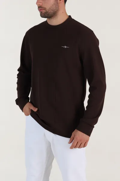 Kahverengi Nakış Detaylı Bisiklet Yaka Erkek Sweatshirt 396257