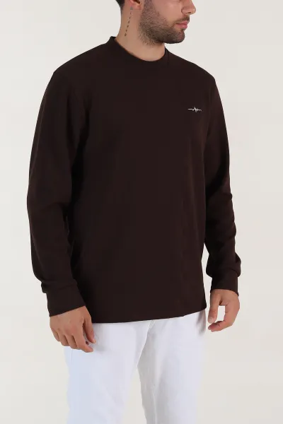 Kahverengi Nakış Detaylı Bisiklet Yaka Erkek Sweatshirt 396257